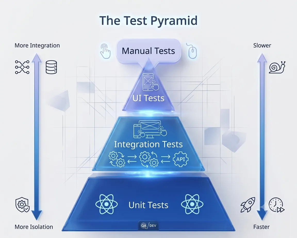 Die Software-Testpyramide mit drei Ebenen: unten breit die Unit-Tests (isolierte Funktionen, Methoden, Klassen; großer Umfang, schnell, geringer Aufwand), in der Mitte die Integrationstests (Zusammenspiel von Komponenten, Modulen, Datenbanken), oben schmal die E2E-Tests (Browser-Tests, UI-Flows, System-Integration; geringer Umfang, langsam, hoher Aufwand). Die linke Achse zeigt den Test-Umfang, die rechte Geschwindigkeit und Kosten.
