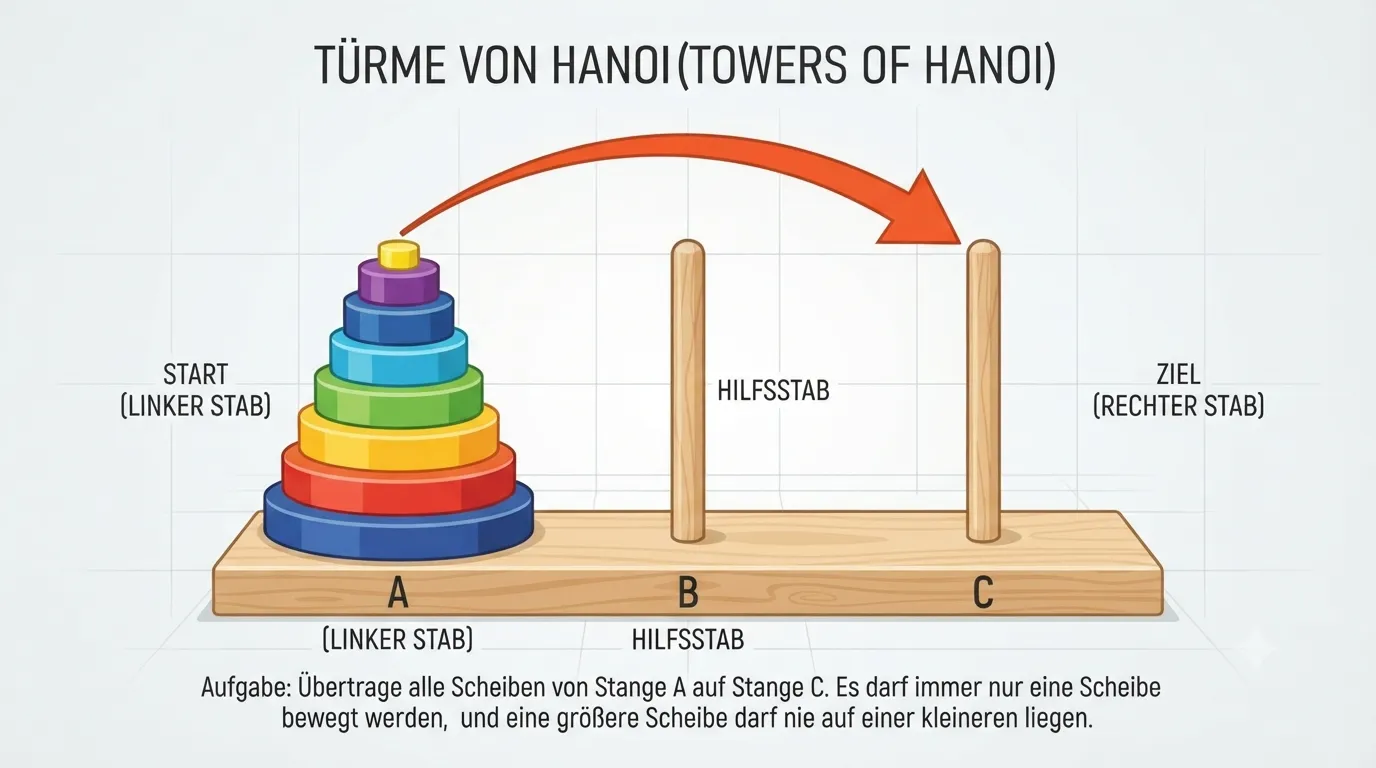 Drei Stäbe A, B und C; auf Stab A liegt ein Turm aus unterschiedlich großen Scheiben, der nach C versetzt werden soll.