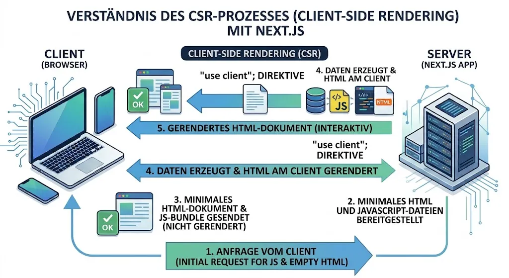 Ablauf des Client-Side Rendering mit Next.js: 1. Der Client schickt eine Anfrage für JavaScript und leeres HTML. 2. Der Server stellt minimales HTML und die JavaScript-Dateien bereit. 3. Das minimale, nicht gerenderte HTML-Dokument und das JS-Bundle werden gesendet. 4. Die durch die use-client-Direktive markierte Komponente erzeugt die Daten und rendert das HTML am Client. 5. Das gerenderte, interaktive HTML-Dokument steht im Browser bereit.