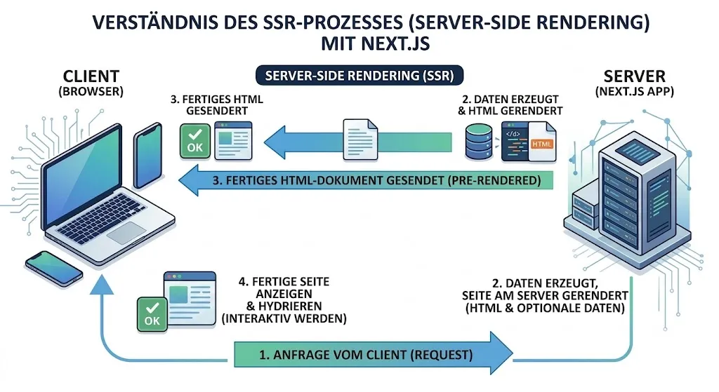 Ablauf des Server-Side Rendering mit Next.js: 1. Der Client schickt eine Anfrage an den Server. 2. Der Server erzeugt die Daten und rendert am Server das HTML. 3. Das fertige, vorgerenderte HTML-Dokument wird an den Client gesendet. 4. Der Browser zeigt die fertige Seite an und hydriert sie, wird also interaktiv.